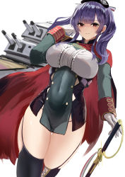 1girl, absurdres, azur lane, bangs, beret, black cape, black headwear, black legwear, blunt bangs, bra through clothes, breasts, cape, center frills, commentary request, covered navel, cowboy shot, dress, dutch angle, epaulettes, eyebrows visible through hair, framed breasts, frills, garter straps, gloves, green dress, hand up, hat, highres, holding, holding sword, holding weapon, large breasts, long hair, long sleeves, looking at viewer, panties, pola (azur lane), purple hair, red cape, red eyes, rigging, saber (weapon), sidelocks, simple background, skindentation, smile, solo, standing, sword, taut clothes, taut dress, thick thighs, thigh gap, thighhighs, thighs, turret, twintails, two-tone cape, two-tone dress, underwear, uniform, weapon, white background, white gloves, zyousha333