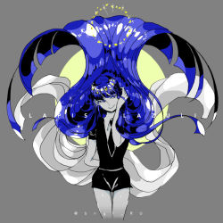 Rule 34 | 1other, absurdly long hair, adjusting hair, androgynous, arm behind back, black necktie, blue eyes, blue hair, character name, closed mouth, colored skin, crystal hair, eri na, grey background, houseki no kuni, lapis lazuli (houseki no kuni), long hair, looking to the side, matching hair/eyes, necktie, other focus, puffy short sleeves, puffy sleeves, short sleeves, shorts, simple background, smile, solo, sparkle, thighs, twitter username, uniform, very long hair, white skin
