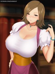 Rule 34 | 1girl, apron, blurry, blurry background, blush, breasts, brown eyes, character request, cleavage, collarbone, commentary request, cowboy shot, earrings, falcom, frilled sleeves, frills, hand on own hip, hand up, huge breasts, jewelry, kainkout, leaning to the side, looking at viewer, medium hair, nail polish, necklace, parted bangs, parted lips, patreon username, puffy short sleeves, puffy sleeves, purple apron, purple nails, sash, shiny skin, shirt, short sleeves, sidelocks, solo, white shirt, ys, ys iii wanderers of ys