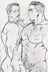 Rule 34 | 2boys, abs, arm hair, bara, billy russell (dickfish), chest hair, completely nude, covering privates, covering crotch, dickfish (fishismdick), dog tags, facial hair, from side, glasses, hairy, highres, john rottweil (dickfish), large pectorals, leg hair, male focus, male pubic hair, mature male, multiple boys, muscular, muscular male, mustache, navel, navel hair, necklace pull, nipples, nude, nude cover, original, pectorals, pubic hair, raised eyebrow, scan, short hair, sideburns, sketch, staring, stomach, thick eyebrows, traditional media, undercut, walking, yaoi