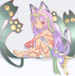 Rule 34 | 1girl, animal ears, animal hands, anklet, armlet, bare shoulders, barefoot, bastet (p&amp;d), breasts, cat, cat ears, cat tail, claws, colored eyelashes, dark-skinned female, dark skin, dress, egyptian, facial mark, gekka no aibyoushin bastet, headpiece, jewelry, long hair, lots of jewelry, naya, purple hair, puzzle &amp; dragons, red eyes, sideboob, sitting, small breasts, solo, tail, very long hair, white dress