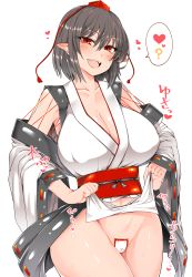 Rule 34 | 1girl, :d, ?, alternate costume, bare shoulders, black hair, blush, bottomless, breasts, cleavage, clothes lift, collarbone, commentary request, cowboy shot, eyelashes, fangs, groin, hair between eyes, hat, heart, highres, huge breasts, kourindou tengu costume, lifted by self, long sleeves, looking at viewer, maebari, navel, obi, open mouth, pelvic curtain, pelvic curtain lift, pointy ears, red eyes, red sash, ribbon-trimmed sleeves, ribbon trim, roki (hirokix), sash, shameimaru aya, short hair, simple background, smile, solo, spoken heart, spoken question mark, standing, sweat, tassel, thighs, tokin hat, touhou, white background, wide sleeves