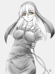 Rule 34 | 1girl, arms behind back, bdsm, bondage, bound, breast bondage, breasts, character request, copyright request, covered erect nipples, greyscale, habit, large breasts, long hair, monochrome, nun, ootsuki wataru, orange eyes, rope, shibari, shibari over clothes, solo, spot color