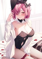 Rule 34 | 1girl, alternate costume, animal ears, bare shoulders, black leotard, blush, breasts, cleavage, collarbone, commission, detached collar, dress shirt, fake animal ears, fate/grand order, fate (series), fishnet legwear, fishnets, hair over one eye, highres, large breasts, leotard, light purple hair, long sleeves, looking at viewer, mash kyrielight, open clothes, open shirt, pixiv commission, playboy bunny, purple eyes, rabbit ears, shirt, short hair, strapless, strapless leotard, thighs, white shirt, yukiyama momo