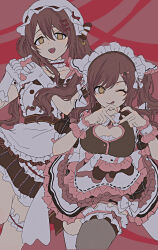 Rule 34 | 2girls, ;q, absurdres, adxrhk, alternate costume, apron, brown hair, cleavage cutout, clothing cutout, collarbone, enmaided, fingernails, frilled apron, frilled wristband, frills, gloves, hat, heart, heart cutout, heart hands, highres, idolmaster, idolmaster shiny colors, looking at viewer, maid, maid apron, maid headdress, mob cap, multiple girls, nail polish, one eye closed, osaki amana, osaki tenka, siblings, sisters, smile, tongue, tongue out, twins, twintails, white gloves, yellow eyes