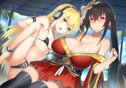 Rule 34 | 2girls, ahoge, albacore (azur lane), azur lane, bare shoulders, bikini, black hair, black legwear, blonde hair, blush, breasts, cleavage, closed mouth, collarbone, commentary request, crossed bangs, day, fang, green eyes, hair between eyes, headphones, highres, huge breasts, japanese clothes, kimono, leg up, long hair, long sleeves, looking at viewer, mask, mask on head, multiple girls, navel, nose blush, open mouth, red eyes, red kimono, red ribbon, ribbon, shiny skin, sky, small breasts, swimsuit, taihou (azur lane), thighhighs, tongue, tongue out, twintails, unizou, very long hair, water, wide sleeves