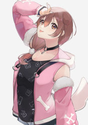 Rule 34 | 1girl, :p, animal ears, arm up, black choker, black shirt, brown eyes, brown hair, choker, commentary, detached sleeves, dog ears, dog tail, hair between eyes, hair over shoulder, highres, hololive, hololive gamers, hood, hooded jacket, inugami korone, inugami korone (loungewear), jacket, long hair, long sleeves, mimizuku (mmiganaru), pink jacket, print shirt, shirt, simple background, sleeveless, sleeveless jacket, solo, symbol-only commentary, tail, tongue, tongue out, upper body, virtual youtuber, white background