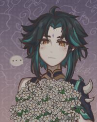 Rule 34 | 1boy, ahoge, bead necklace, beads, black hair, blush, facial mark, flower, forehead mark, genshin impact, green hair, jewelry, lowres, male focus, mihoyo, necklace, simple background, solo, white flower, xiao (genshin impact), yellow eyes, yoheit
