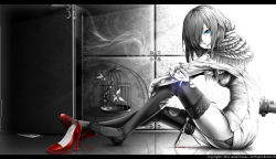 Rule 34 | 1girl, absurdres, birdcage, blood, bloody knife, blue eyes, bouno satoshi, breasts, cage, cigarette, english text, flower, garter straps, hair over one eye, high heels, highres, knife, letterboxed, monochrome, original, planted, shoes, single shoe, sitting, smoke, spot color, thighhighs, torn clothes, torn legwear, tube, weapon