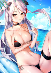 Rule 34 | 1girl, azur lane, bare arms, bare shoulders, beach, bikini, bird, black bikini, black choker, black ribbon, blue sky, blush, breasts, choker, cleavage, closed mouth, clothes pull, cloud, commentary request, day, flag print, german flag bikini, hair ribbon, knee up, large breasts, licking lips, long hair, looking at viewer, mole, mole on breast, navel, ocean, one-piece swimsuit pull, outdoors, prinz eugen (azur lane), prinz eugen (unfading smile) (azur lane), pulled by self, ribbon, side-tie bikini bottom, silver hair, sitting, sky, smile, solo, stomach, string bikini, swept bangs, swimsuit, thigh strap, tongue, tongue out, wakamore (getguacamole), yellow eyes