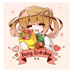Rule 34 | 1girl, = =, bloom2425, bouquet, closed eyes, commentary request, dated, double bun, dress, flower, hair bun, happy birthday, kantai collection, light brown hair, long hair, michishio (kancolle), michishio kai ni (kancolle), pinafore dress, shirt, short twintails, sleeveless, sleeveless dress, smile, solo, twintails, twitter username, upper body, white shirt