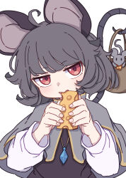 Rule 34 | 1girl, absurdres, ahoge, animal, animal ears, basket, black dress, capelet, cheese, dress, fingernails, food, grey capelet, grey hair, highres, holding, holding food, jewelry, kame (kamepan44231), looking at viewer, mouse (animal), mouse ears, mouse tail, nazrin, one-hour drawing challenge, open mouth, pendant, red eyes, short hair, simple background, solo, tail, touhou, upper body, white background