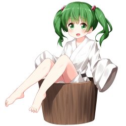 Rule 34 | 1girl, barefoot, belt, black belt, blush, bucket, collarbone, green eyes, green hair, in bucket, in container, japanese clothes, kimono, kisume, knees up, long sleeves, looking at viewer, open mouth, ruu (tksymkw), short hair, short kimono, simple background, sitting, sleeves past fingers, sleeves past wrists, smile, solo, thighs, touhou, twintails, white background, white kimono, wide sleeves, wooden bucket