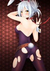 Rule 34 | 1girl, against wall, animal collar, animal ears, arm up, ass, backless outfit, bare shoulders, battle bunny riven, belt, black pantyhose, blush, breasts, carrot print, clenched teeth, collar, dog lead, fake animal ears, food print, from behind, healther, kemonomimi mode, league of legends, leash, leotard, looking back, medium breasts, orange eyes, pantyhose, playboy bunny, rabbit ears, rabbit tail, riven (league of legends), short hair, sideboob, solo, standing, tail, tareme, teeth, torn clothes, torn pantyhose, white hair, wrist cuffs