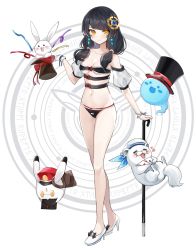 Rule 34 | 1girl, artist request, bare legs, bare shoulders, belt, bikini, black bikini, black hair, breasts, cane, closed mouth, commission, detached sleeves, earrings, elsword, eve (2nas) (elsword), eve (elsword), facial mark, full body, hair ornament, hat, high heels, highres, holding, jewelry, long hair, looking at viewer, multiple belts, navel, orange eyes, second-party source, small breasts, smile, solo, standing, stomach, swimsuit, thighs, top hat, twintails, white footwear, wrist cuffs
