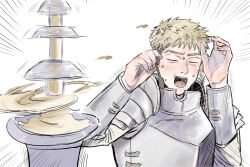 Rule 34 | 1boy, armor, blonde hair, bracer, cheese, chocolate fountain, closed eyes, commentary request, dungeon meshi, emeaki0921, facing viewer, food, hands up, holding, holding spoon, laios touden, male focus, meme, motion lines, open mouth, pauldrons, short hair, shoulder armor, simple background, spoon, tasty hoon cheese fondue (meme), upper body, very short hair, white background