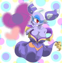 Rule 34 | 10s, 1girl, artist request, breasts, cleavage, colored skin, cyclops, fuumin (youkai watch), lamia, looking at viewer, monster girl, one-eyed, polka dot, polka dot background, purple skin, red eyes, white hair, wide hips, youkai watch