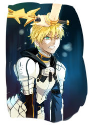 Rule 34 | 1boy, armor, arthur pendragon (fate), blonde hair, bracelet, fate/prototype, fate (series), gilgamesh (fate/prototype), green eyes, hand on another&#039;s head, jewelry, male focus, ruffling hair, short hair, solo, sunday31, sword, weapon, wince