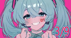 Rule 34 | 1girl, alzcats, aqua eyes, aqua hair, collared shirt, commentary, dated, facial tattoo, grin, hair between eyes, hand in own hair, hatsune miku, headset, long hair, number tattoo, pink background, portrait, shirt, sleeveless, sleeveless shirt, smile, solo, tattoo, twintails, vocaloid