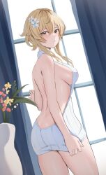 Rule 34 | 1girl, absurdres, alternate costume, ass, backless outfit, blonde hair, blush, breasts, curtains, flower, from side, genshin impact, hair flower, hair ornament, highres, looking at viewer, lumine (genshin impact), medium breasts, meme attire, parted lips, pharmarr, raised eyebrows, red flower, sideboob, sidelocks, solo, thighs, vase, virgin killer sweater, white flower, window, yellow eyes, yellow flower