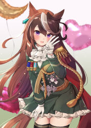 Rule 34 | 1girl, :d, animal ears, balloon, black thighhighs, blush, breasts, brown hair, commentary request, crescent, epaulettes, frilled skirt, frills, gloves, gradient background, green background, green jacket, green skirt, grey background, grey hair, hair between eyes, hand up, heart balloon, highres, horse ears, horse girl, horse tail, jacket, long hair, looking at viewer, medium breasts, multicolored hair, open mouth, pleated skirt, purin jiisan, purple eyes, shirt, single epaulette, skirt, smile, solo, symboli rudolf (umamusume), tail, thighhighs, two-tone hair, umamusume, very long hair, w, white gloves, white shirt