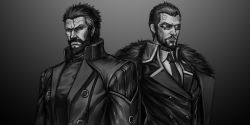 Rule 34 | 2boys, absurdres, adam jensen, beard, berezovich kryuger (girls&#039; frontline), coat, coat on shoulders, commentary request, cosplay, costume switch, crossover, deus ex, deus ex: human revolution, facial hair, fur-trimmed coat, fur trim, girls&#039; frontline, goatee, gradient background, greyscale, griffin &amp; kryuger military uniform, highres, jacket, jing meng li, looking at viewer, male focus, military, military uniform, monochrome, multiple boys, necktie, scar, scar on face, short hair, sunglasses, uniform, upper body
