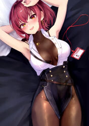 Rule 34 | 1girl, absurdres, armpits, arms up, black skirt, blush, bodystocking, bra, bra peek, breasts, cleavage, collared shirt, covered navel, earrings, gloves, hair between eyes, heart, heart necklace, heterochromia, high-waist skirt, highres, hololive, houshou marine, houshou marine (businesswoman), id card, jewelry, lanyard, large breasts, looking at viewer, lying, miniskirt, monyo0303, necklace, official alternate costume, on back, open bra, open mouth, red eyes, red hair, revision, see-through, see-through cleavage, shirt, short hair, skirt, sleeveless, sleeveless shirt, solo, underwear, virtual youtuber, white shirt, yellow eyes