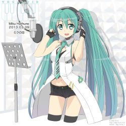 Rule 34 | 10s, 1girl, 39, 2013, character name, cowboy shot, cropped legs, dated, fingerless gloves, gloves, green eyes, green hair, hatsune miku, headphones, highres, kimura shigetaka, long hair, looking at viewer, matching hair/eyes, microphone, navel, necktie, open mouth, piano print, short shorts, shorts, solo, thighhighs, twintails, very long hair, vocaloid