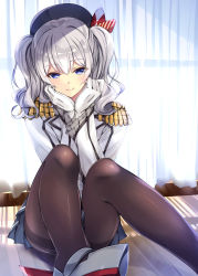 Rule 34 | 1girl, bad id, bad nicoseiga id, beret, black hat, black skirt, blue eyes, day, epaulettes, frilled sleeves, frills, gloves, hands on own cheeks, hands on own face, hat, highres, indoors, jacket, kantai collection, kashima (kancolle), kobayashi chisato, long hair, long sleeves, looking at viewer, pantyhose, pleated skirt, shadow, shoes, silver hair, sitting, skirt, smile, solo, thighband pantyhose, twintails, uniform, white gloves, white jacket, window