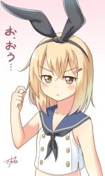 Rule 34 | 1girl, :&lt;, alternate hair length, alternate hairstyle, black bow, black neckerchief, blonde hair, blue sailor collar, blush, bow, closed mouth, commentary request, crop top, dot nose, gurande (g-size), hair bow, hair ornament, hairband, hairclip, hand up, highres, kantai collection, looking at viewer, neckerchief, pink background, sailor collar, shimakaze (kancolle), short hair, signature, solo, yellow eyes