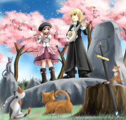 Rule 34 | 1boy, 1girl, animal, artist request, ascot, player character (mabinogi), beret, black footwear, blonde hair, blue sky, boots, cat, character request, cherry blossoms, day, dress, flute, full body, grass, hat, instrument, mabinogi, music, outdoors, petals, pink dress, pink hair, plant, playing instrument, scabbard, sheath, sky, standing, sword, tree, tree stump, unsheathed, watermark, weapon, web address