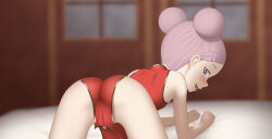 Rule 34 | 1girl, absurdres, all fours, arm rest, ass, blush, brown eyes, china dress, chinese clothes, double bun, dress, female focus, from behind, hair bun, hair ornament, hairclip, highres, looking at viewer, looking back, open mouth, original, pink hair, red dress, sc naru, short hair, sleeveless, sleeveless dress, smile, solo, teeth, thighs, upper teeth only