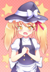 Rule 34 | 1girl, alternate hairstyle, blonde hair, blush, fang, female focus, greave (asterism), hair ribbon, hat, kirisame marisa, own hands together, ribbon, short hair, solo, touhou, twintails, witch, witch hat, yellow eyes