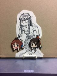 Rule 34 | 3girls, :d, annoyed, bags under eyes, black hair, brown eyes, brown hair, cardboard, carrying, chibi, collared shirt, girls und panzer, charm (object), long hair, messy hair, mother and daughter, multiple girls, nishizumi maho, nishizumi miho, nishizumi shiho, open mouth, pants, photo (medium), rosmino, shirt, shirt tucked in, short hair, shorts, siblings, sisters, sleeves pushed up, slippers, smile, straight hair, sweat, traditional media, wacom, walking, aged down