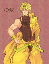 Rule 34 | 1boy, abs, bangle, blonde hair, bracelet, character name, cropped jacket, dio brando, hand on own hip, headband, heart, jewelry, jojo no kimyou na bouken, leotard, male focus, monster boy, muscular, pants, red eyes, sleeveless, solo, stardust crusaders, yellow pants