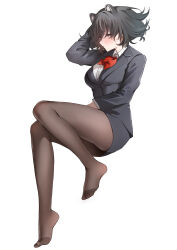 Rule 34 | 1girl, absurdres, animal ears, black hair, black jacket, black pantyhose, black skirt, blue archive, blush, bow, bowtie, breasts, brown eyes, brown pantyhose, collared shirt, feet, full body, highres, jacket, legs, long sleeves, looking at viewer, miniskirt, no shoes, pantyhose, parted lips, pencil skirt, raccoon ears, red bow, red bowtie, shirt, short hair, simple background, skirt, solo, toes, tsubaki (blue archive), white background, white shirt, zerocaser