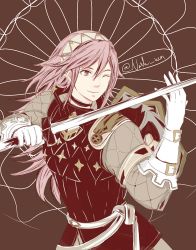 Rule 34 | arm up, armor, artist name, belt, brown background, buckle, choker, commentary, fire emblem, fire emblem fates, gloves, hair between eyes, hairband, highres, holding, holding sword, holding weapon, long hair, nash-kun, nintendo, one eye closed, pink hair, smile, soleil (fire emblem), solo, sword, upper body, watermark, weapon, web address, white gloves