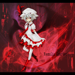 Rule 34 | 1girl, adapted costume, alternate color, alternate costume, bat wings, boots, character name, elbow gloves, female focus, full body, gloves, hat, hat ribbon, high heels, letterboxed, nabeshima tetsuhiro, necktie, no nose, red eyes, remilia scarlet, ribbon, shoes, solo, spear the gungnir, standing, standing on one leg, thighhighs, touhou, weapon, white thighhighs, wings