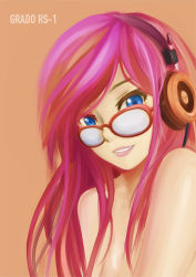 Rule 34 | 1girl, bespectacled, blue eyes, brown background, clenched teeth, female focus, glasses, grado, grado labs, grin, headphones, lips, lipstick, long hair, looking at viewer, makeup, megurine luka, nose, nude, pas (paxiti), pink hair, pink lips, simple background, smile, solo, teeth, upper body, vocaloid