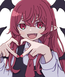 Rule 34 | 1girl, absurdres, black vest, black wings, blush, collared shirt, demon wings, fang, finger heart, fingernails, hair between eyes, head wings, highres, kame (kamepan44231), koakuma, long hair, long sleeves, looking at viewer, nail polish, necktie, one-hour drawing challenge, open mouth, pointy ears, red eyes, red hair, red nails, red necktie, shirt, simple background, smile, solo, touhou, upper body, vest, white background, white shirt, wings