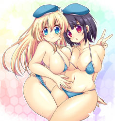 Rule 34 | 10s, 2girls, atago (kancolle), bikini, black hair, blonde hair, blue eyes, breasts, covered erect nipples, hat, kantai collection, large breasts, long hair, multiple girls, personification, plump, red eyes, sendou hachi, short hair, swimsuit, takao (kancolle)