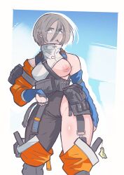 Rule 34 | 1girl, apex legends, black bodysuit, blue eyes, blue gloves, bodysuit, breasts, cameltoe, cigarette, cleft of venus, commentary, detached sleeves, english commentary, fingerless gloves, floating hair, gloves, glowing, glowing eyes, grey hair, hair between eyes, highres, making-of available, medium breasts, nessie (respawn), nipples, redesign, shirt, short hair, single detached sleeve, single glove, solo, ueda (ueda8039), wattson (apex legends), white shirt