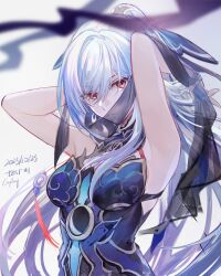 Rule 34 | 1girl, armpits, bare shoulders, black blindfold, blindfold, blue dress, blue sleeves, breasts, closed mouth, commentary request, csyday, detached sleeves, dress, earrings, hair between eyes, honkai: star rail, honkai (series), jewelry, jingliu (honkai: star rail), long hair, looking at viewer, medium breasts, ponytail, red eyes, signature, solo, unworn blindfold, very long hair, white hair