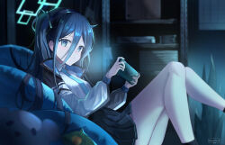 Rule 34 | 1girl, absurdres, aqua halo, aris (blue archive), black hair, black skirt, black socks, blue archive, blue eyes, blue necktie, blurry, breasts, closed mouth, collared shirt, commentary request, depth of field, feet out of frame, green halo, hair between eyes, halo, handheld game console, highres, holding, holding handheld game console, indoors, jacket, long bangs, long hair, long sleeves, looking at viewer, lying, medium breasts, necktie, open clothes, open jacket, pleated skirt, shirt, side ponytail, skirt, smile, socks, solo, thighs, white jacket, white shirt, zino zinuo