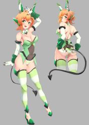 Rule 34 | 1girl, absurdres, adapted costume, akatsuki kirika, akisuko, animal ears, ass, backless outfit, breasts, cameltoe, cleavage, covered navel, elbow gloves, fake animal ears, from behind, gloves, green eyes, green leotard, hair ornament, high heels, highres, leotard, looking at viewer, looking back, medium breasts, playboy bunny, rabbit ears, senki zesshou symphogear, shiny skin, short hair, shoulder blades, simple background, standing, striped clothes, striped thighhighs, thighhighs, x hair ornament