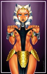 Rule 34 | 1girl, ahsoka tano, animification, armlet, armor, armored dress, bdsm, blue eyes, blue hair, breasts, cesium, clothes lift, collar, colored skin, commission, cuffs, dark nipples, dress, dress lift, facial tattoo, facing viewer, faulds, forehead, highres, jedi, lips, looking at viewer, medium hair, nipples, no bra, nose, orange skin, pelvic curtain, revealing clothes, shackles, slave, small breasts, solo, standing, star wars, star wars: the clone wars, tattoo, tentacle hair, thighs, tiara, toned, white hair, wide hips