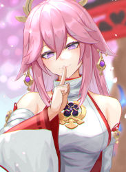 Rule 34 | 1girl, animal ears, bare shoulders, breasts, closed mouth, earrings, facing viewer, finger to mouth, fox ears, genshin impact, hand up, index finger raised, japanese clothes, jewelry, large breasts, long hair, looking at viewer, miko, moppo, pink hair, purple eyes, smile, solo, upper body, yae miko