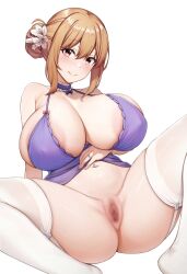 Rule 34 | 1girl, areola slip, blush, breasts, brown hair, censored, cleavage, closed mouth, collarbone, commentary request, flower, garter straps, hair bun, hair flower, hair ornament, highres, huge breasts, jewelry, kannko bokujou, looking at viewer, mosaic censoring, navel, navel piercing, paid reward available, piercing, pussy, red eyes, ring, sideboob, sidelocks, simple background, smile, solo, thighhighs, thighs, white background, white garter straps, white thighhighs, yahari ore no seishun lovecome wa machigatteiru., yuigahama yui&#039;s mother