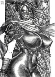 Rule 34 | 1girl, arm guards, armor, bodysuit, breasts, commentary request, covered erect nipples, covered navel, cowboy shot, greyscale, large breasts, mask, monochrome, moon, mouth mask, ninja, outdoors, ponytail, scarf, shoulder armor, signature, skidrow, skin tight, solo, soul calibur, soulcalibur, soulcalibur vi, sword, sword behind back, taki (soulcalibur), weapon, wrist wrap