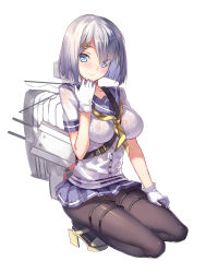 Rule 34 | 10s, 1girl, black pantyhose, blue eyes, blush, bra, breasts, gloves, hair ornament, hairclip, hamakaze (kancolle), hand to own mouth, highres, kantai collection, large breasts, light smile, looking at viewer, mecha musume, microskirt, miyazakisoul, pantyhose, personification, pleated skirt, school uniform, see-through, serafuku, silver hair, simple background, sketch, skirt, smile, solo, squatting, swept bangs, thigh strap, underwear, white background, white gloves